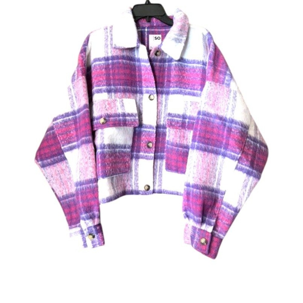 SO Cropped Plaid Jacket XL Pink Purple Oversized Cabin core Ski Resort Cozy Cute